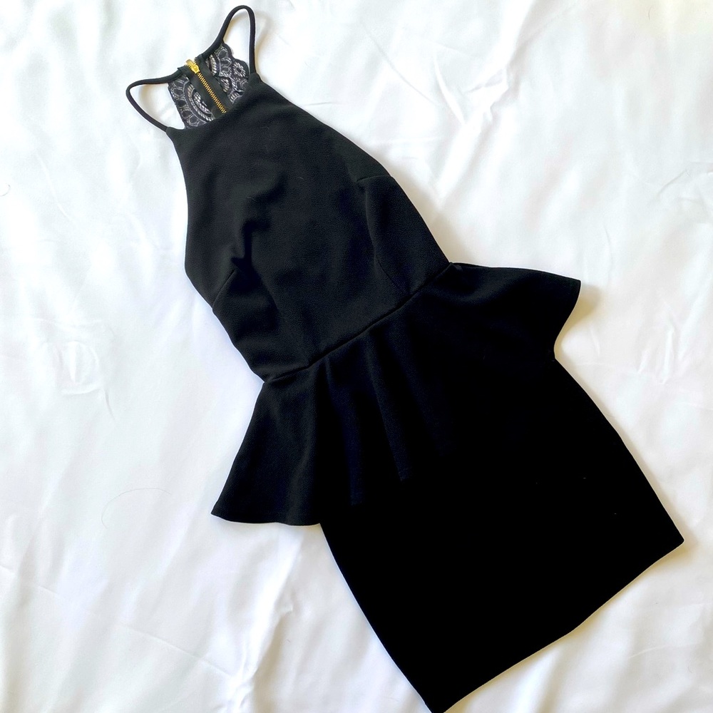 Black Mini Exposed-Back Dress with Skirt Overlay